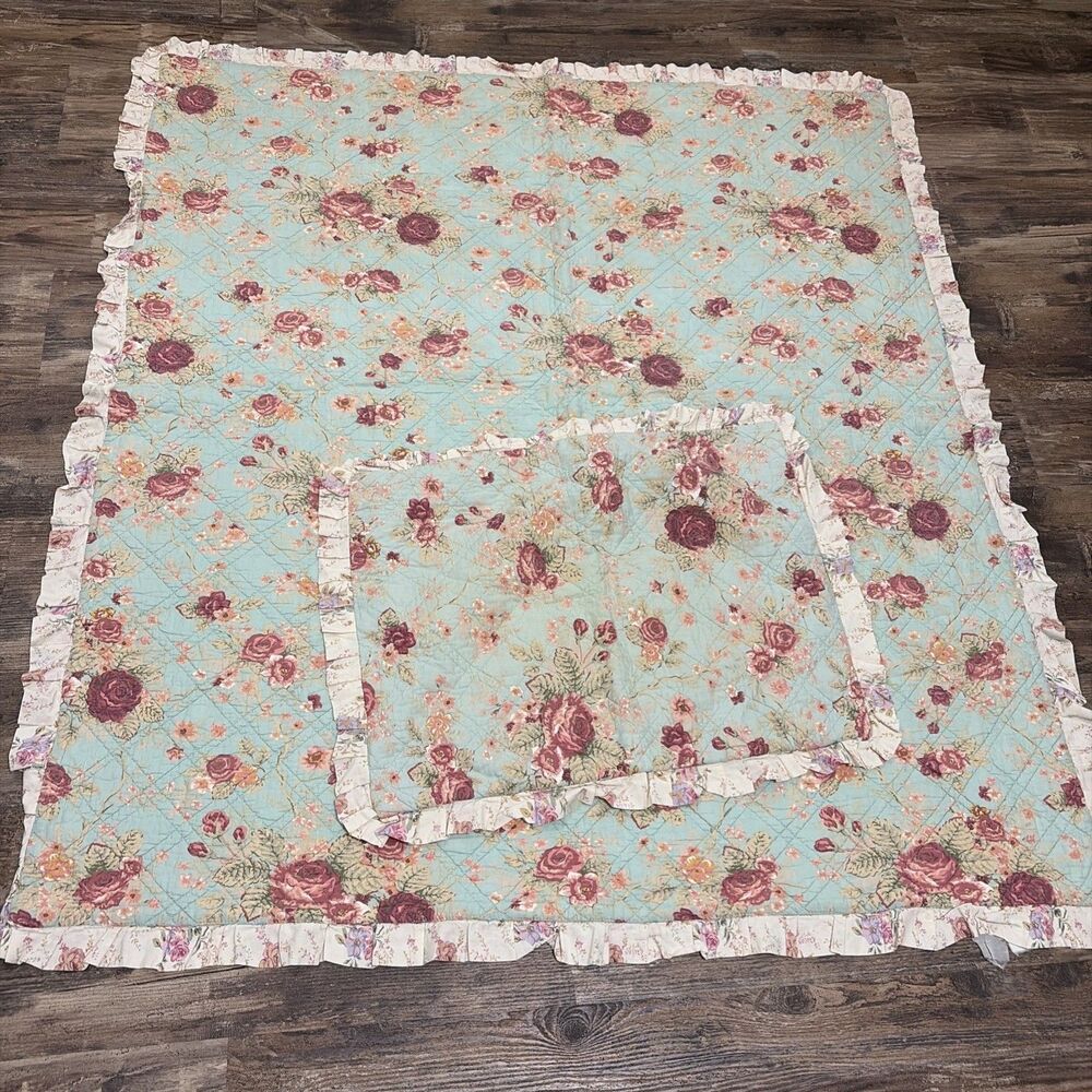 Greenland Home Floral Quilt Throw Blanket W/sham Pink Roses Cottagecore 54x60